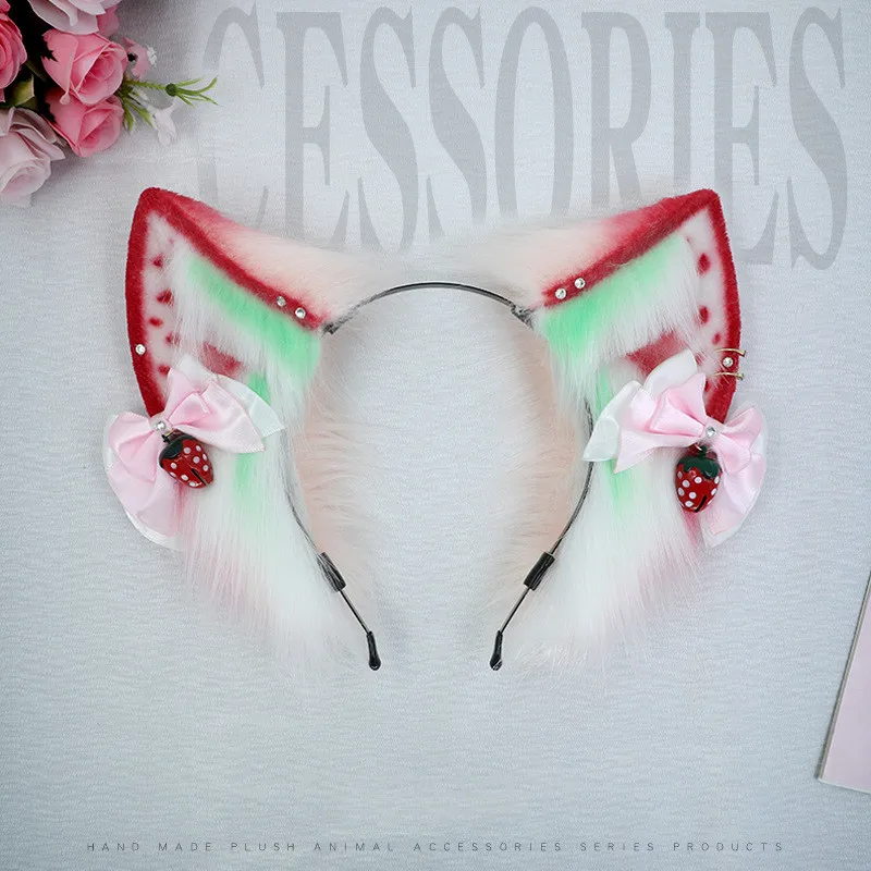 

New Cosplay Cat Ears Headband Strawberry Bow Ear Headdress Sweet Fluffy Cute Girl Lolita Accessories Simulation Fox Ear Hairband