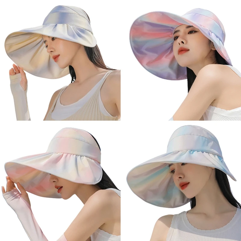 

Trendy Gradient Color Empty Top Hat 2022 Women All-match Elegant Beach Sun Hat Summer Outdoor Big Brim Sun Protection Visor Cap