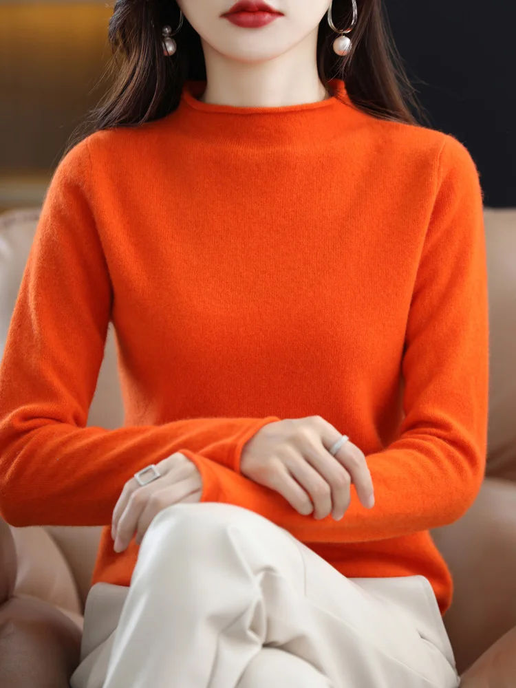 

100% Merino Wool Cashmere Women Knitted Sweater Curly Mock Neck Long Sleeve Pullover Autumn Clothing Jumper Straf Official Store
