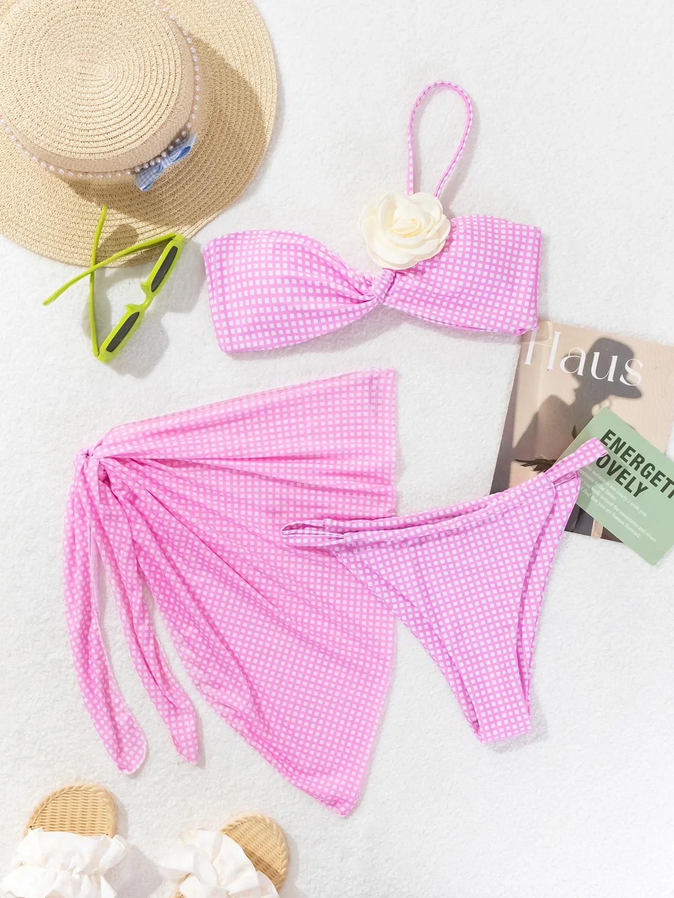 Сексуальные комплекты бикини-бандо в розовую клетку с 3D цветком комплект из 3