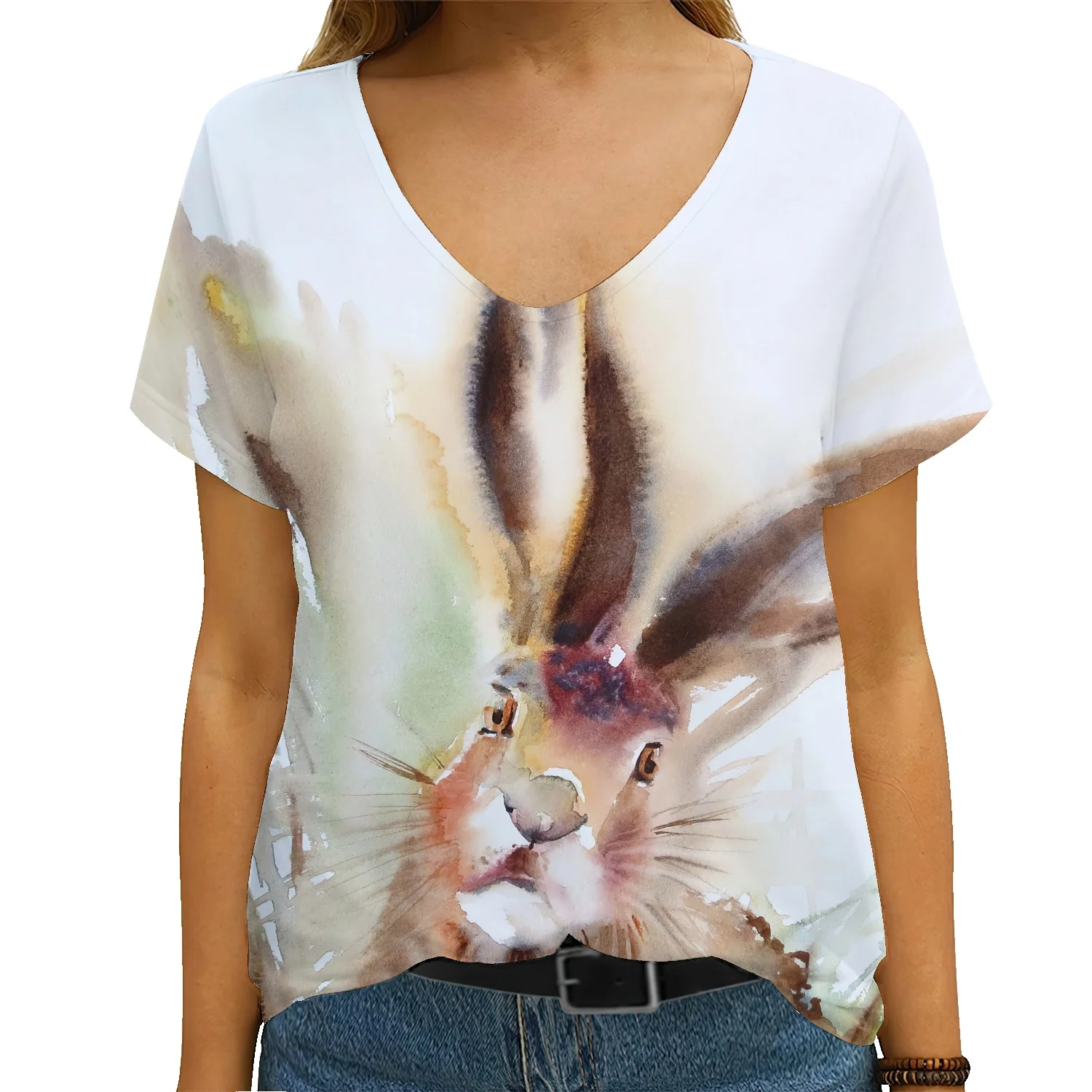 

Summer V-neck new women's short-sleeved sheep rabbit animal 3D printing fashion T-shirt oversize large size loose urban T-shirt