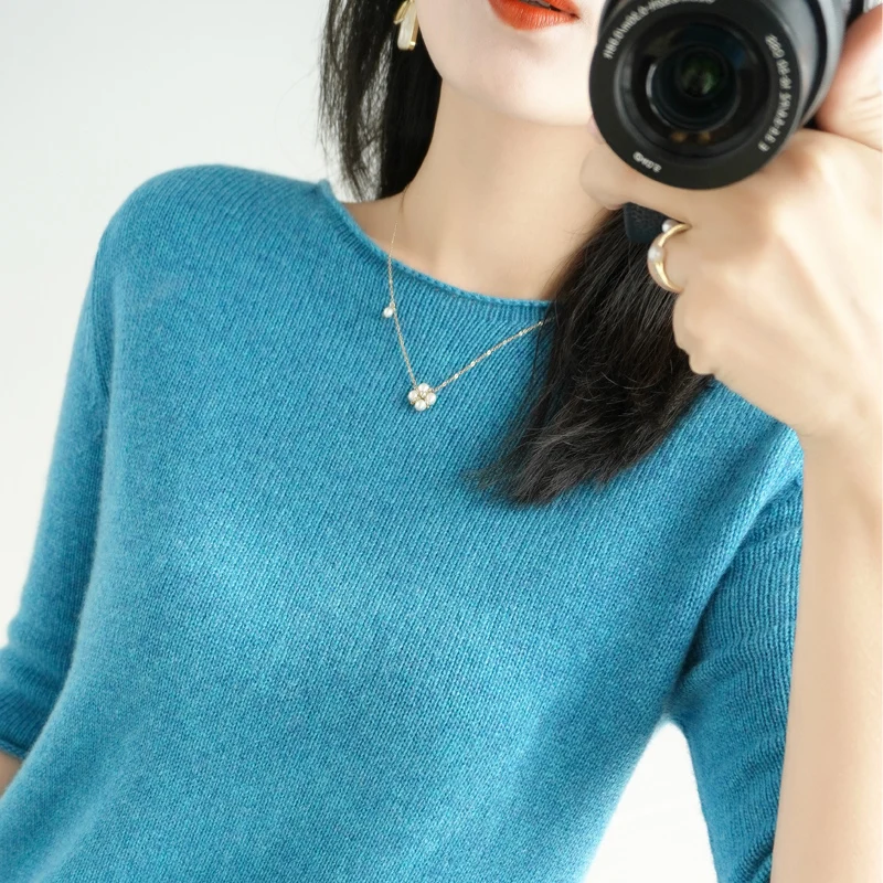 

Summer Fashion New One-Neck Knitted Pullover Korean Style Short-Sleeve Women's Sweater All-Match Solid Color Basic Elegant Top