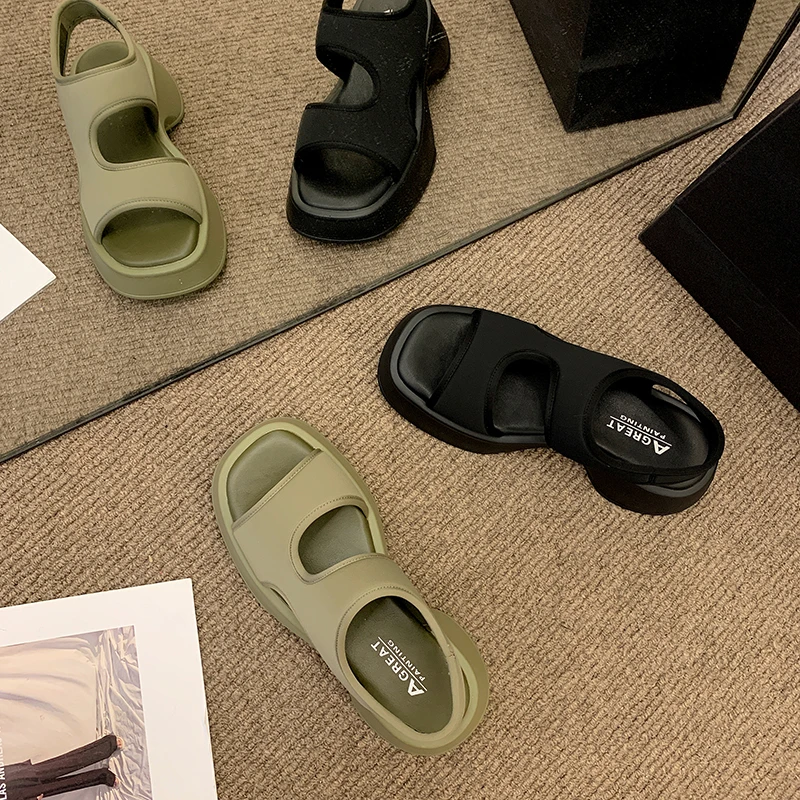 

Muffins shoe 2022 Summer Female Sandal Clogs With Heel Comfort Shoes for Women Open Toe Med Soft Flat Girls Thick Fashion Retro