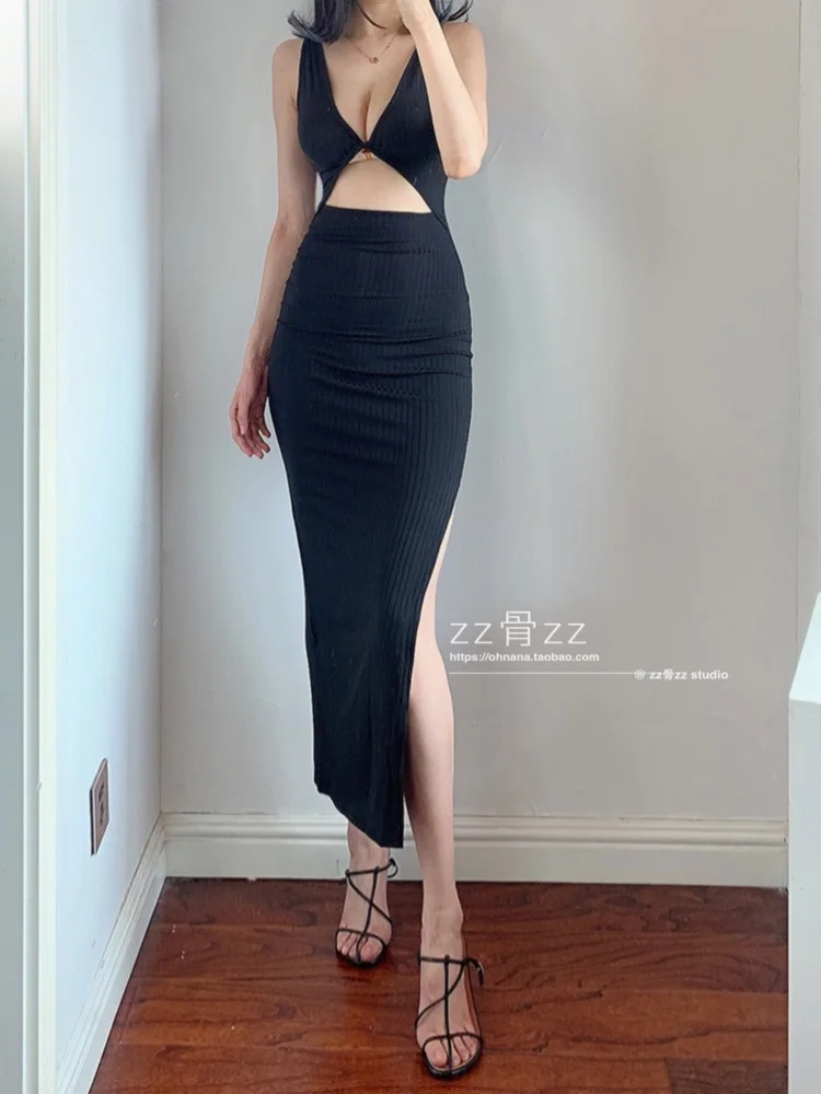 

Осень-лето 2020, эластичное облегающее платье с открытой спиной, Сексуальное Черное Длинное вязаное эластичное платье с вырезами, модель Q7