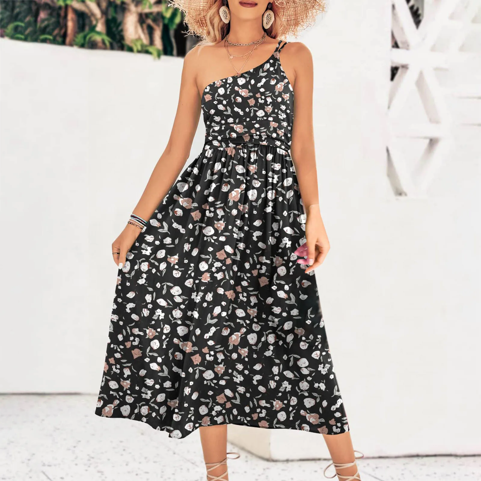 

Women Summer Casual Temperament Solid Color Floral Print Slanted Shoulder Sling Pleated Sleeveless Long Dress Girl Maxi Dress