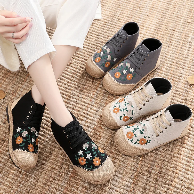 

Women Handmade Vintage Embroidered Flats Booties Shoes High Top Lace Up Canvas Sneakers Female Linen Casual Leisure Espadrilles