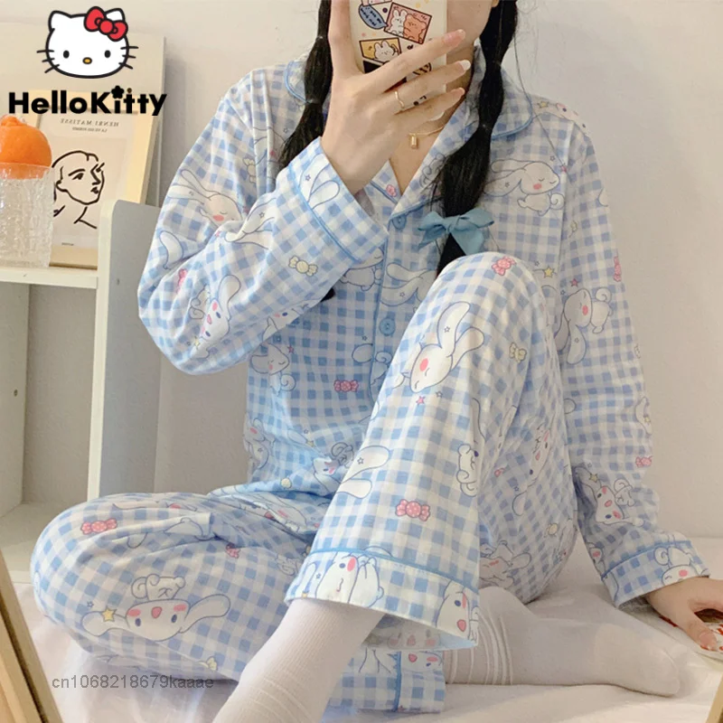 Sanrio Cinnamoroll Kawaii Girls Pyjamas Women's Spring Autumn Pants Trousers Shirts Cotton Plaid Pajamas Korean Y2k Aesthetic