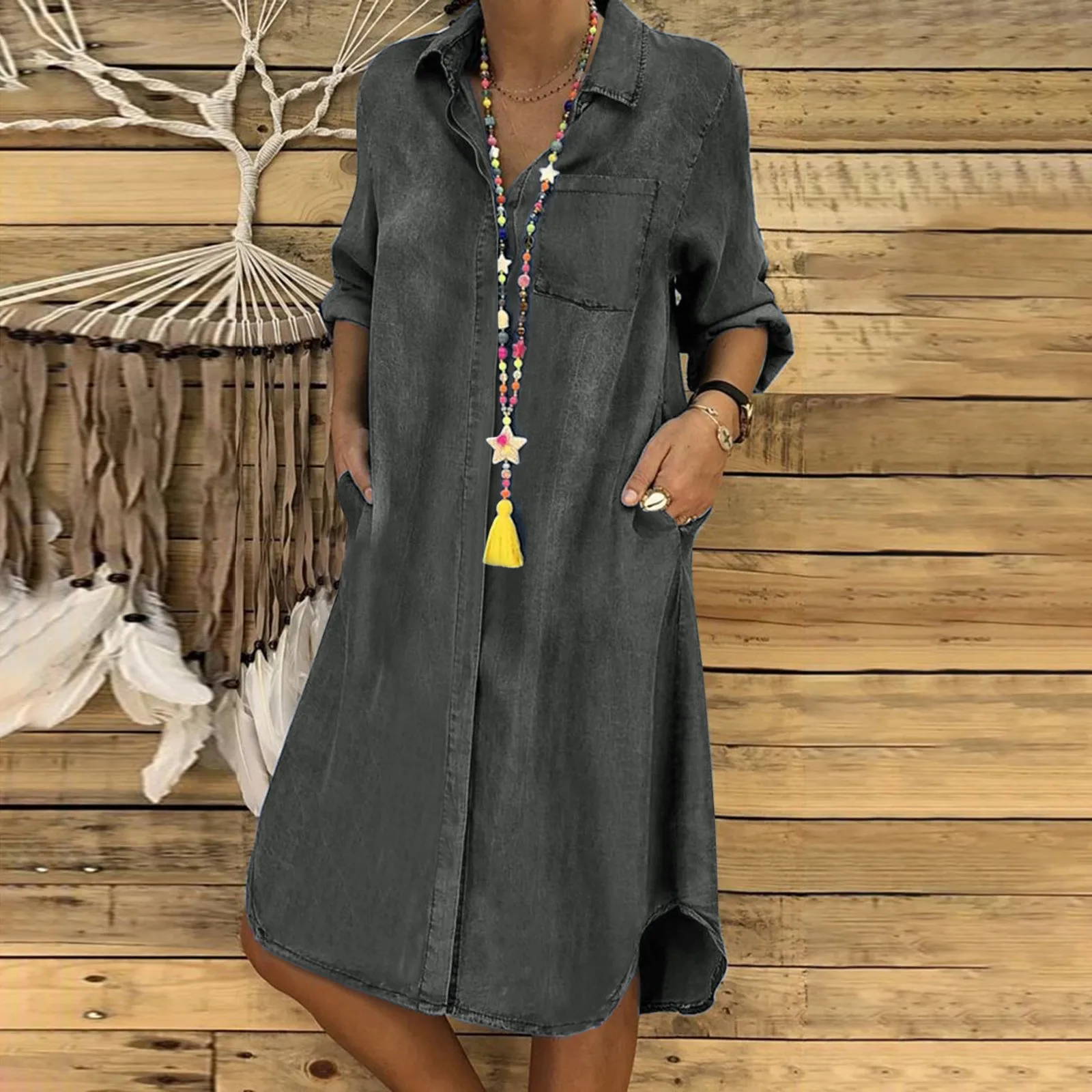 

Летние повседневные Мини-платья, сексуальное однотонное платье с карманами и длинным рукавом, на пуговицах, свободное джинсовое повседневн...