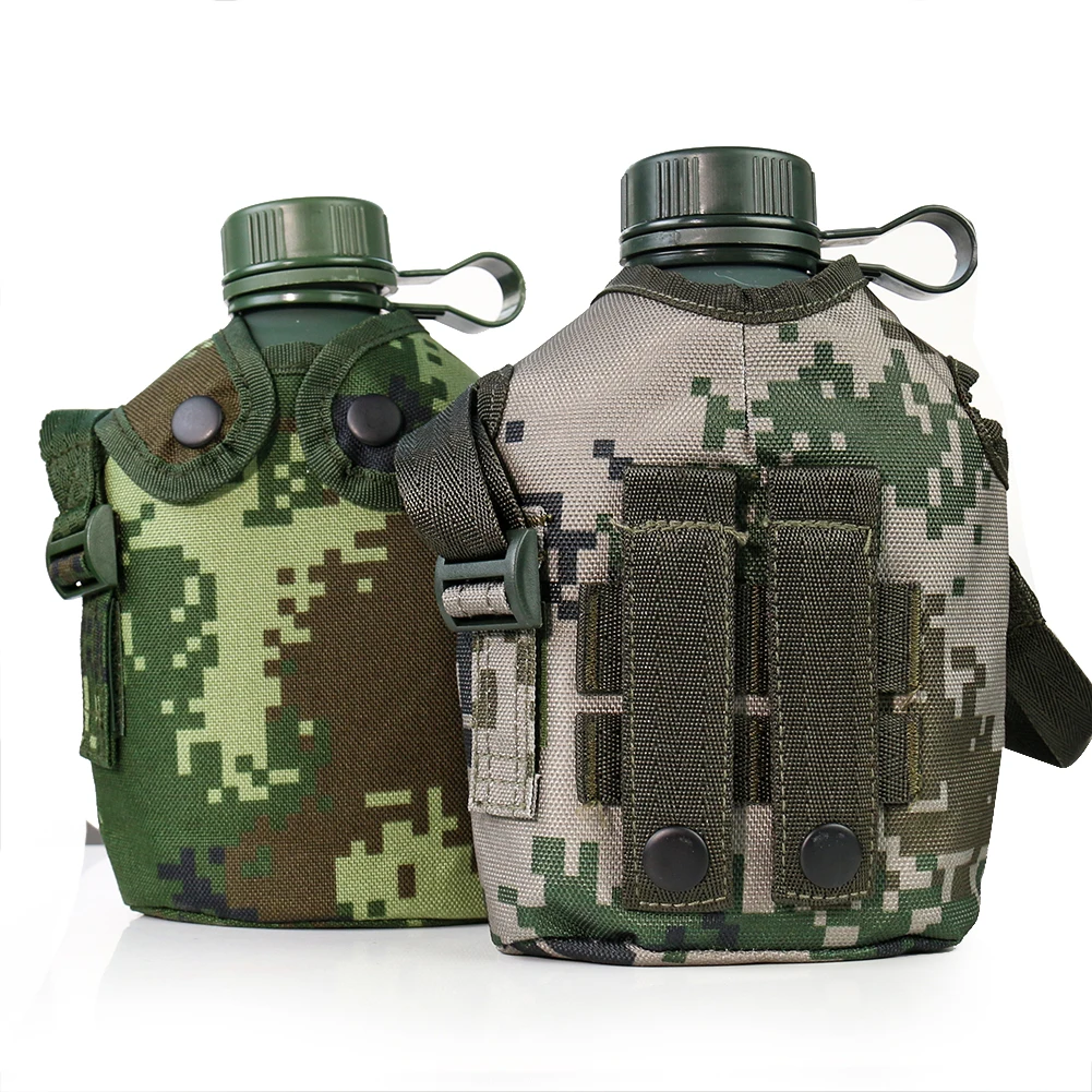 

1L Camouflage Military Water Bottle Outdoor Sports Picnic Kettle Portable Canteen with Shoulder Strap Aluminum Camping Pot Flask