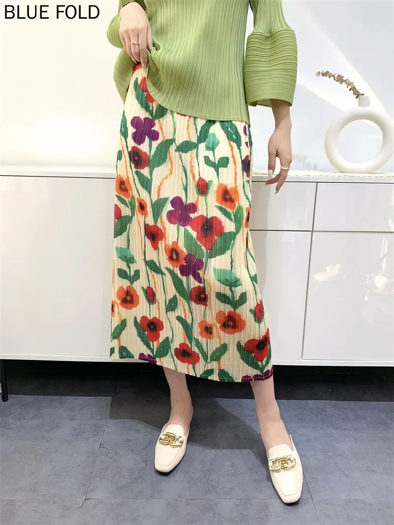 MIYAKE плиссированная юбка летняя женственная повседневная с разрезом и принтом