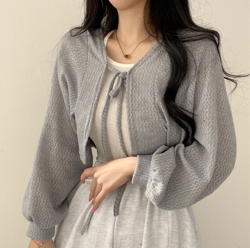 

Thin White Cardigan Bandage Lantern Sleeve Short Coat Pull Femme Knitwear Top Girl Cardigan Korean Style Casual T Shirt