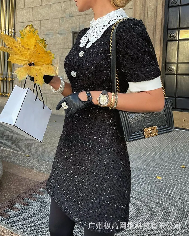 

Women Dress Spring And Autumn Black Woolen Short-sleeved Lace Lapel Temperament Banquet Elegant Sexy Short Straight Dress.