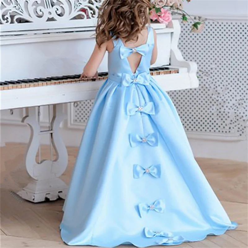 

Elegant Kids Flower Girls Dress Sky Blue Stain Princess Girl Dresses Party Wedding Gowns with Big Sash Special Pageant Dress