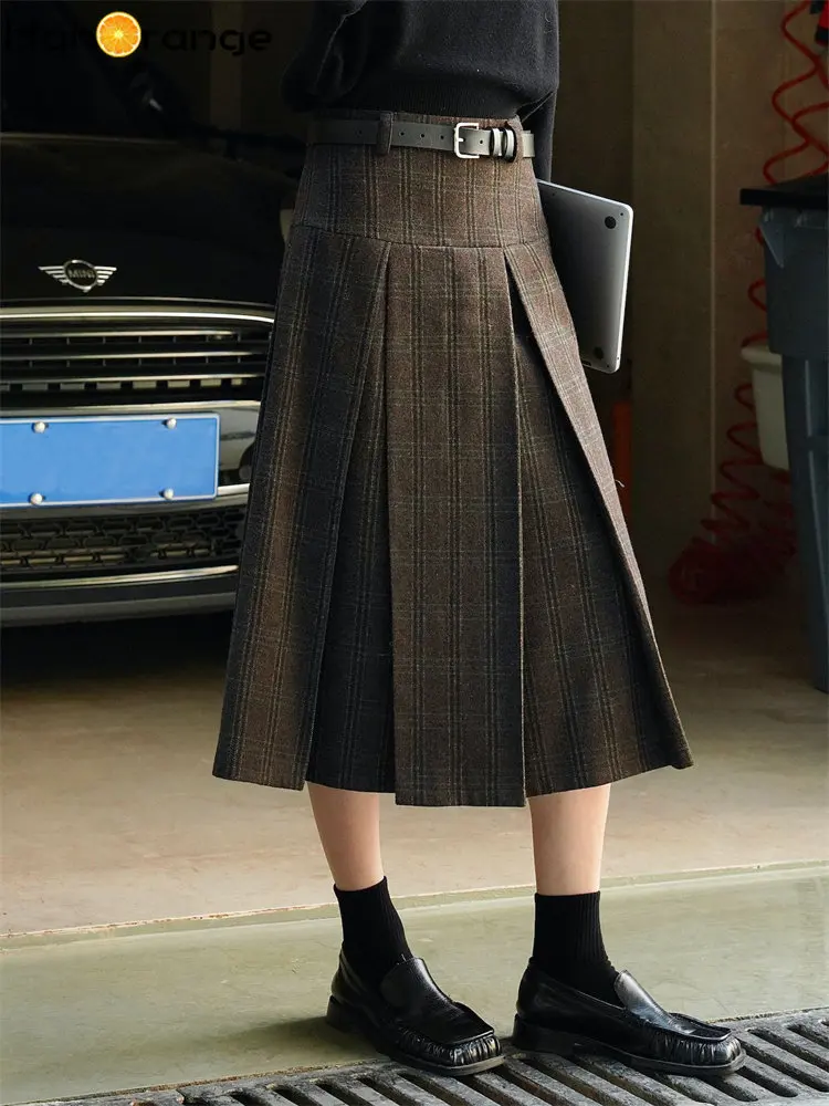 HanOrange 2022 Winter Vintage High Waist Woolen Pleated Skirt Women Warm Loose Lattice Midi Skirt Retro
