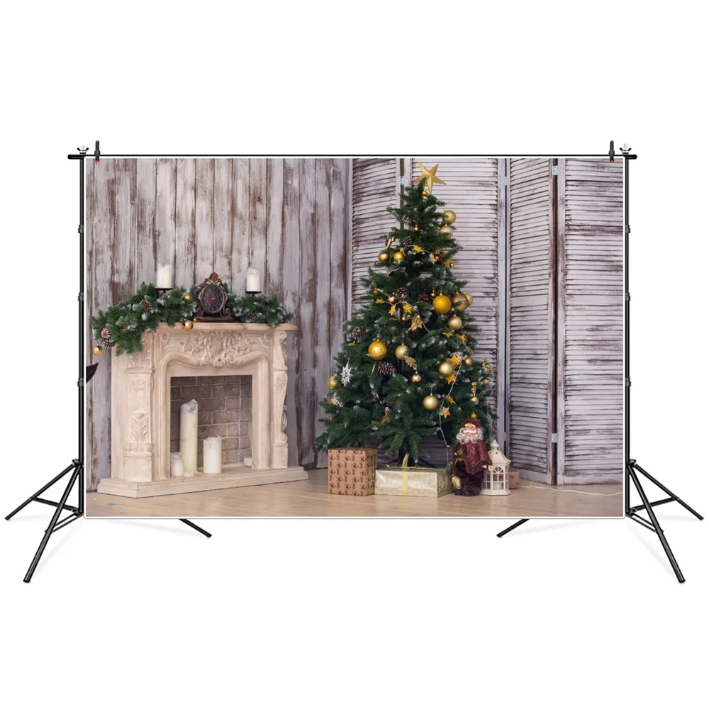 

Фон для фотосъемки с изображением деревянной стены рождественской елки камина