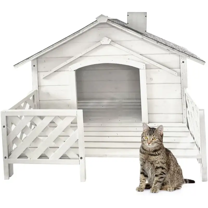 

Pet House with Porch | Weather-Resistant for Animals up to 44 lbs | Waterproof | Ideal for Cats, Dogs & Rabbits | White Firwood