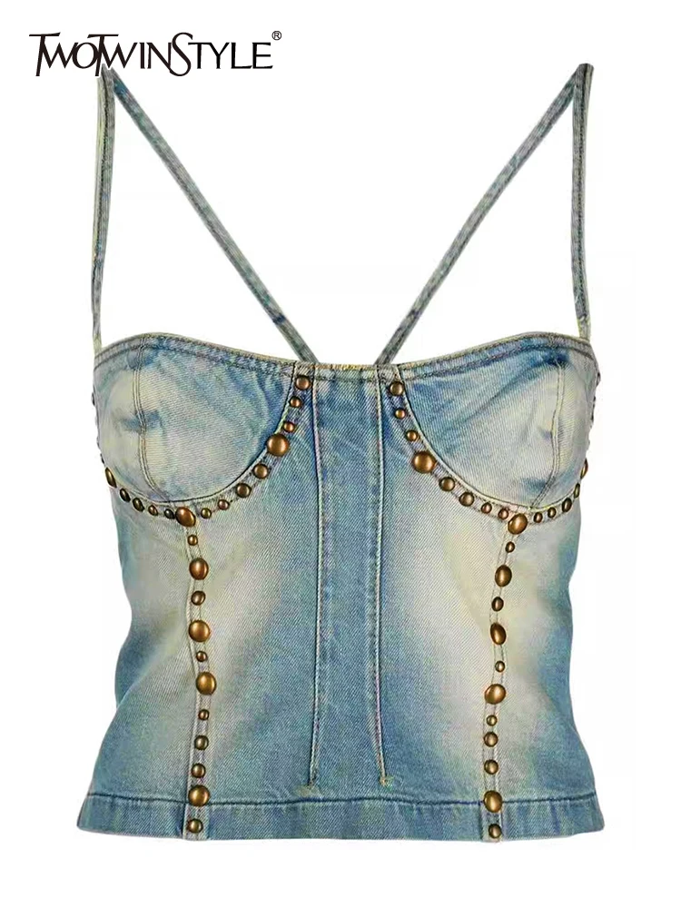 

TWOTWINSTYLE Casual Denim Vests For Women Square Collar Sleeveless Tunic Slimming Sexy Summer Tank Tops Female Fashion Clothing