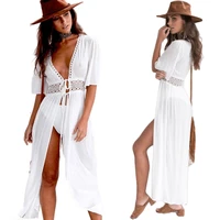 beach fashion long maxi dress women beach cover up outing tunic pareo white v neck dresses robe swimsuit 2022 new beachwear