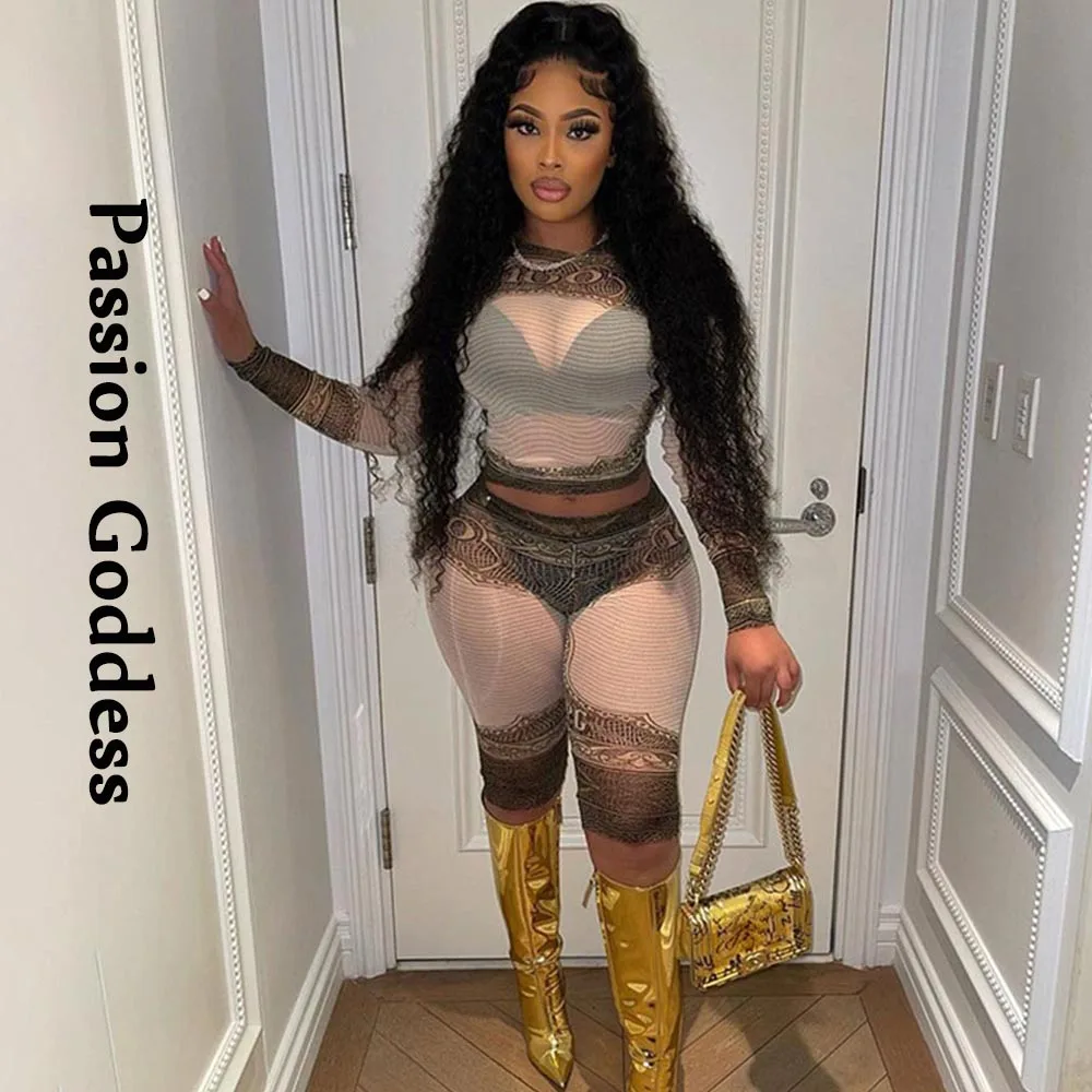 

Retro Printed Mesh 2 Piece Women Sets See-through Mesh Long Sleeve T Shirts Five-length Pants Leggings Two Piece Party Outfits