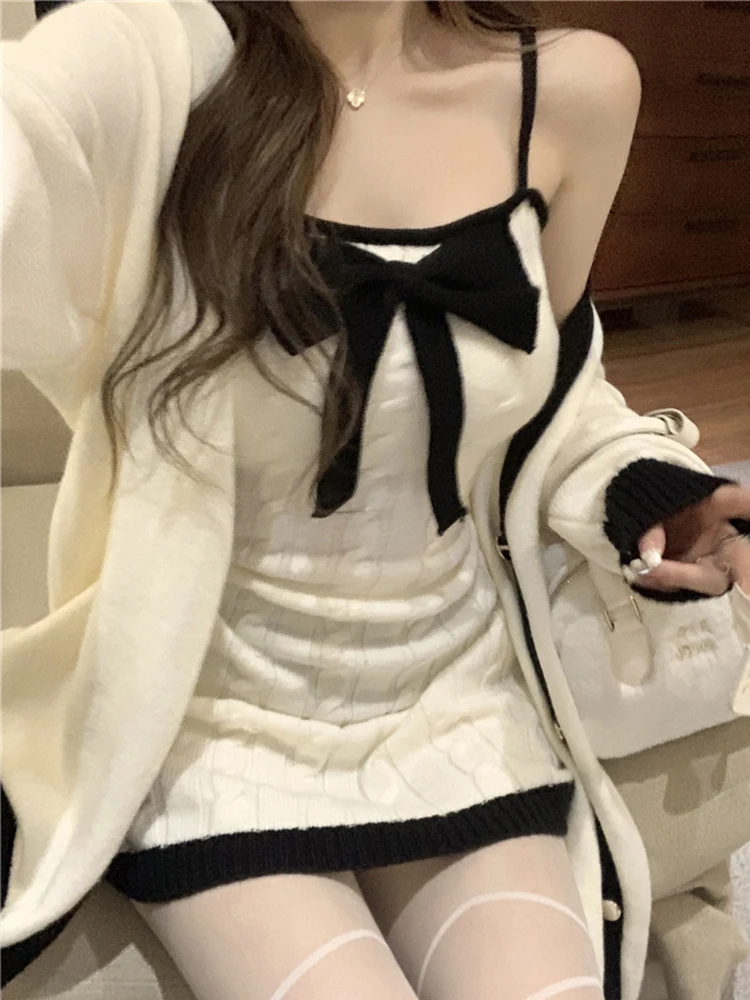 

Two Piece Set Elegant Long Knitted Cardigan Women Cute Bow Designer Female Korean Fashion Winter 2022 Sweet Party Dress Set
