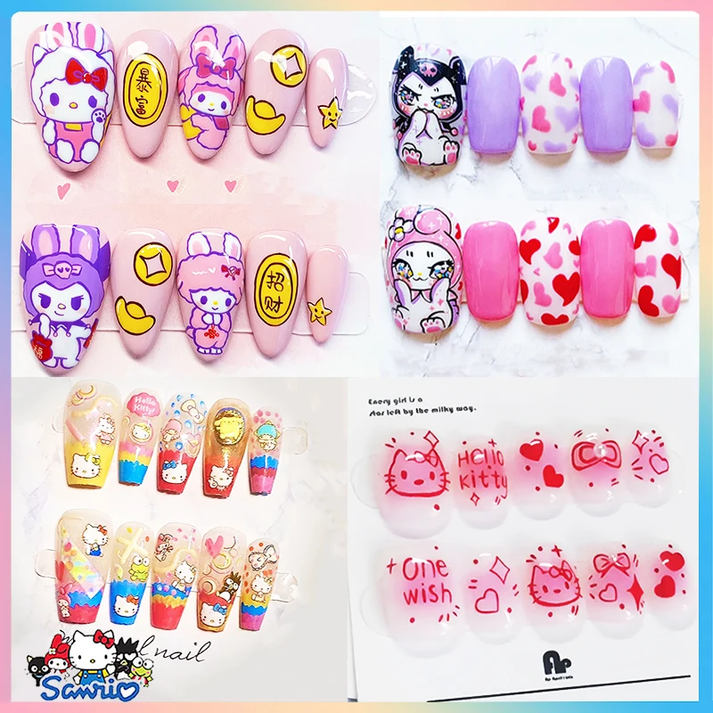 

Hand Painting Sanrios Hello Kitty False Nail Kawaii My Melody Wearing Armor Cinnamoroll Stickers Anime Y2K Manicure Gifts Gift