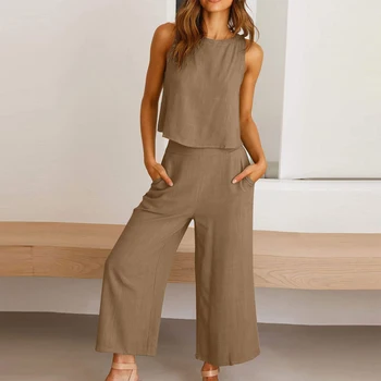 Sleeveless O-neck Tank Top and Wide Leg Pants Suit Women Casual Solid Button 2-piece Set Ladies Fashion Loose Pocket Office Sets 1