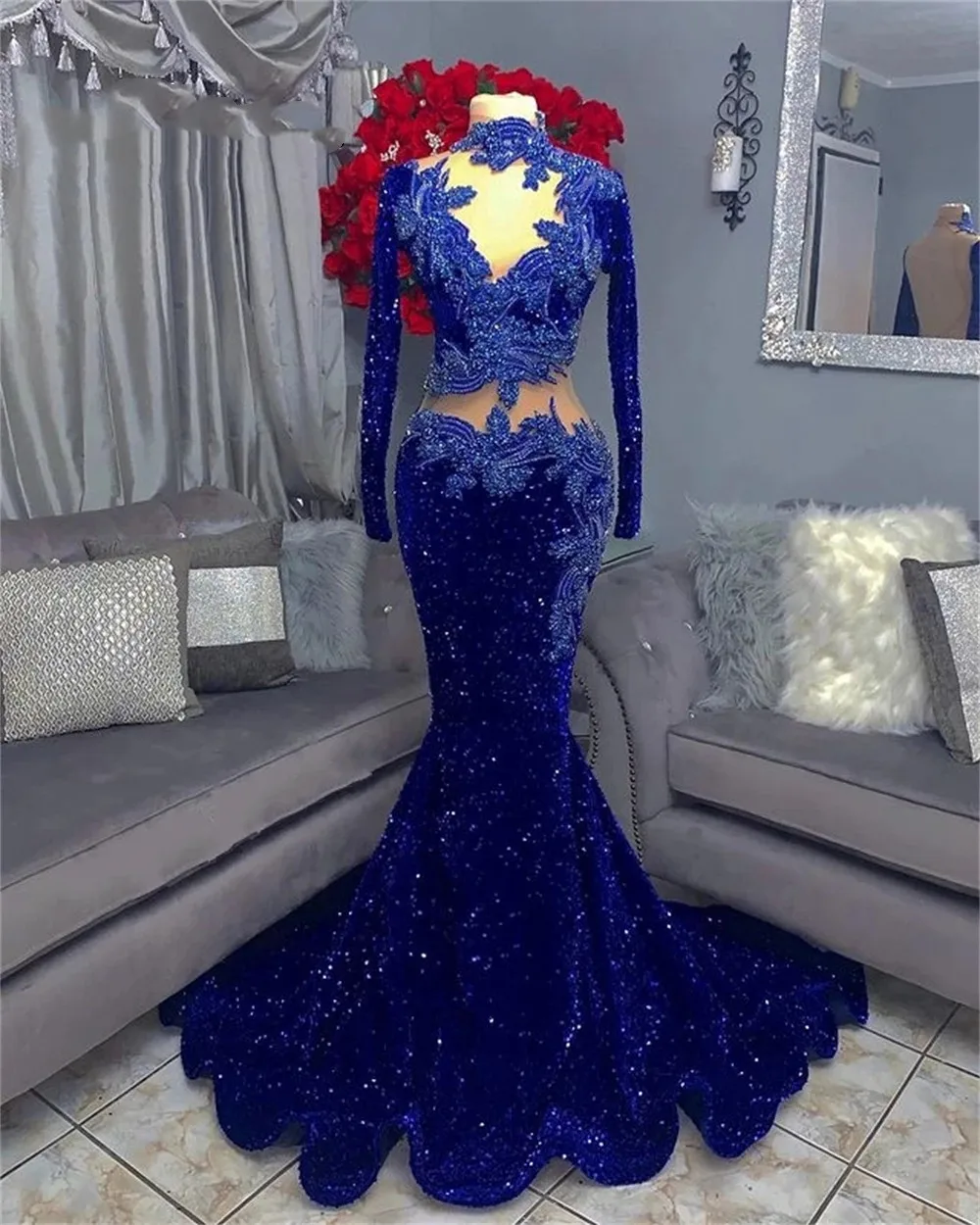 

Royal Blue Prom Dresses 2022 Black Girls Sequin see through Long Sleeve African Formal evening engagement Party Dress Mermiad