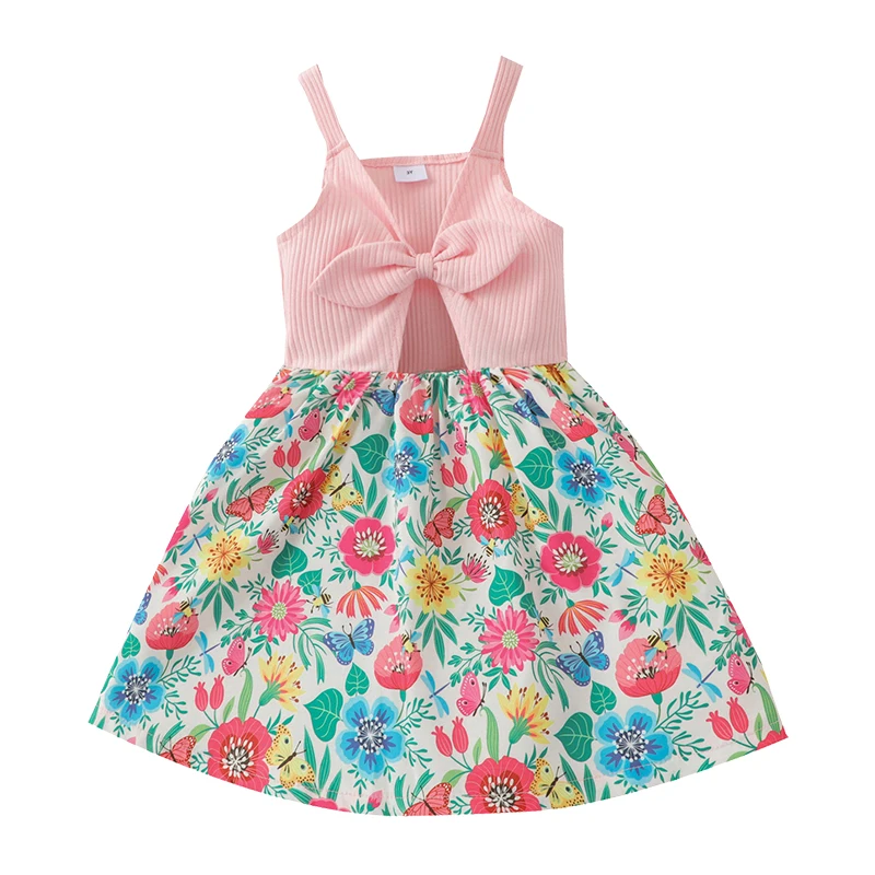 

Mini Car 2022 Children Baby Girls Summer Cotton Dresses Kids Girl Color Matching With Bow Wedding Birthday Dress Sundress 1-6T