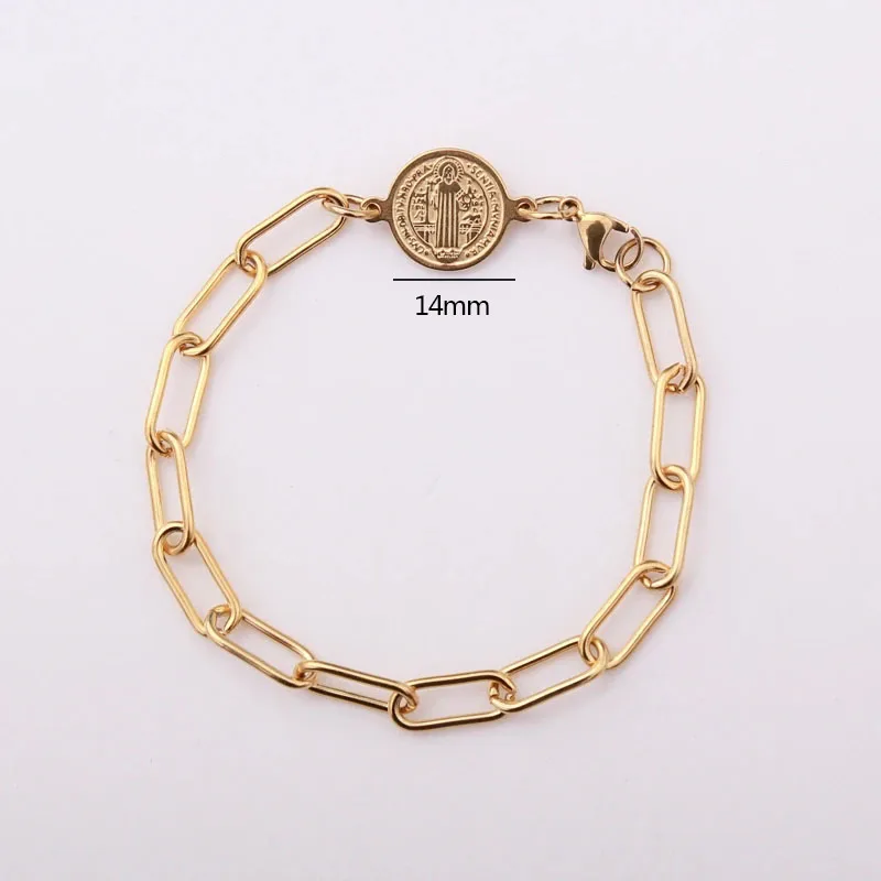 

Stainless Steel Saint Benedict Medallion Bracelet For Women Gold Color Metal Religion St. Benedict Medalla Coin Pendant Bracelet