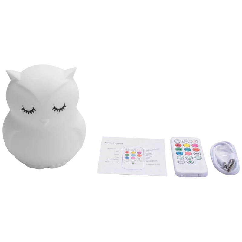 

Owl LED Night Light Touch Sensor Remote Control 9 Colors Dimmable Timer Rechargeable Silicone Lamp