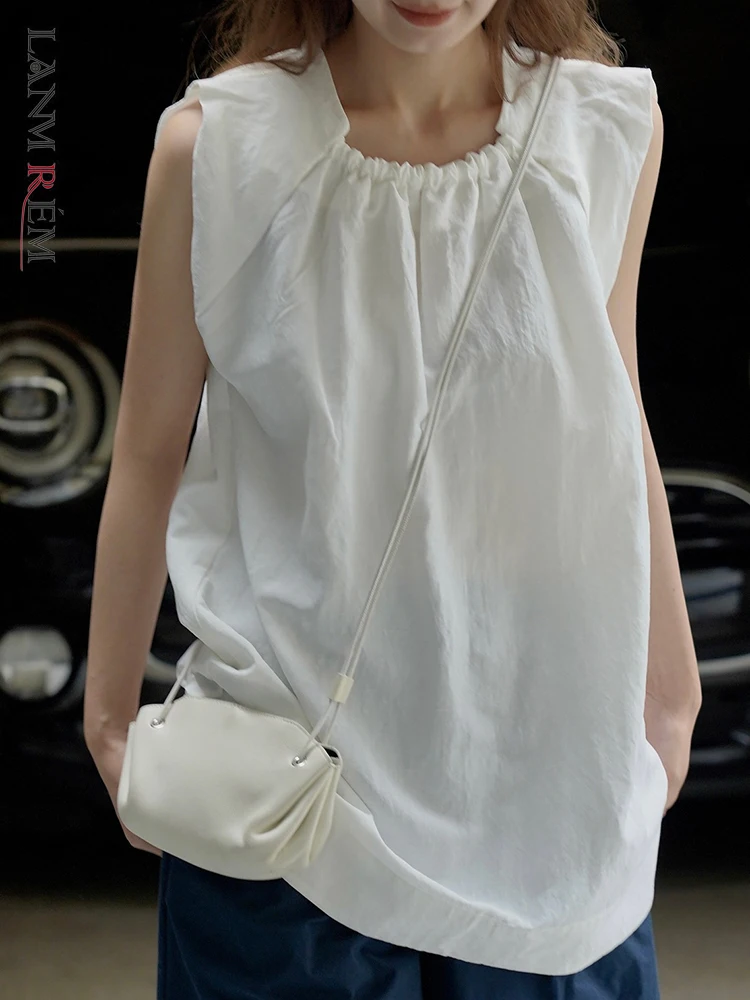 

LANMREM Casual White Blouse For Women Round Neck Sleeveless Loose Top Simplicity Fashion Female 2023 New Clothing 2AA1689