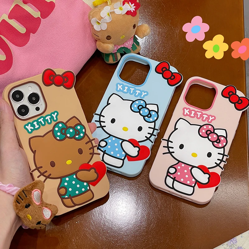 

3D Bow Pink Brown Sanrio Hello kitty Stereoscopic Phone Cases For iPhone 14 13 12 11 Pro Max XR 2023 Back Cover Send Girlfriend