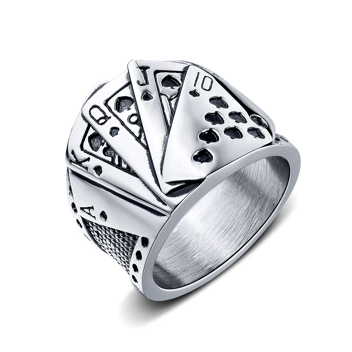 

676 Magician Poker Men's Titanium Steel Ring Vintage Hip Hop Texas Hold'em Straight Cast Ring