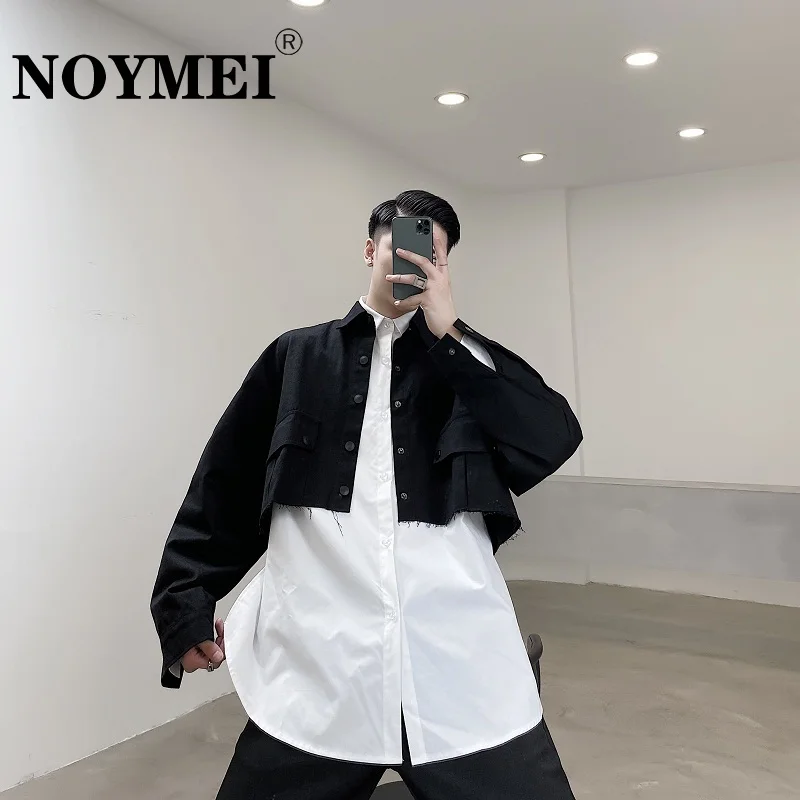 

NOYMEI Autumn Dark Personalized Rugged 3D Pockets Men Long Sleeve Short Shirts Solid Color Black Lapel Male Top Fashion WA1968