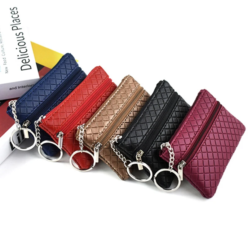 

Simple Change Purse PU Leather Zipper Pouch Women's Coin Purses Checkered Pattern Small Card Cash Holder Wallet With Key Ring