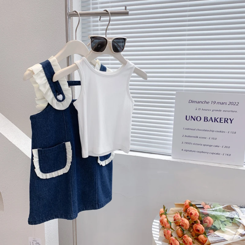 

Kids Clothes Girls Sets 2022 Summer Vest & Sling Denim Skirt Girls Clothing Set 2pcs Toddler Girl Clothes Children Clothing 3-7Y