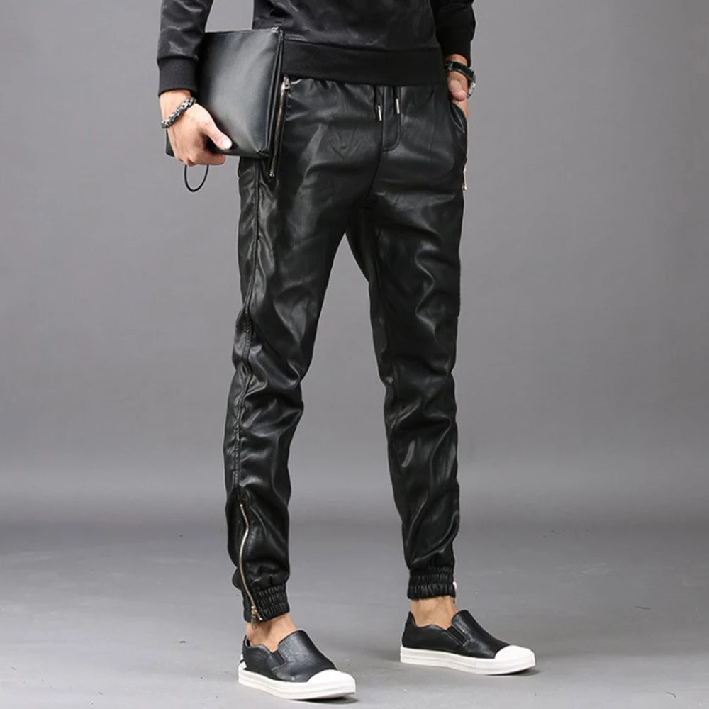 

Fashion Moto Elastic Waist Faux Leather Pants Men Joggers Zipper Pockets Black Streetwear Slim Pencil Pant Men Clothing