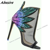 abesire mixed color air mesh sandal boots front zipper peep toe fashion pachwork runway boots women shoes party shoes on heels