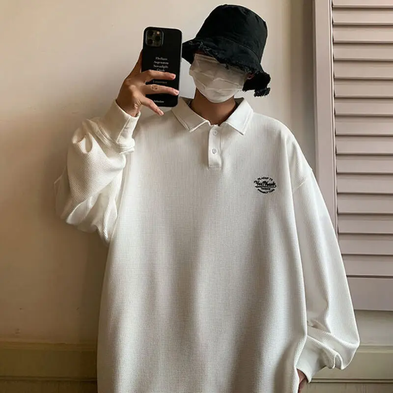 

Autumn New Men's Waffle Long Sleeve T-shirt Letter Embroidered Korean Tops Streetwear Harajuku Oversized Male Pullovers Tshirt