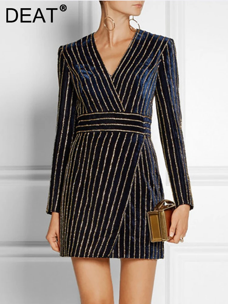 

DEAT Fashion Women's Dress V-neck Diamond Inlay Long Sleeve Waist Striped Black Zipper Female Dresses Spring 2023 New 17A6548