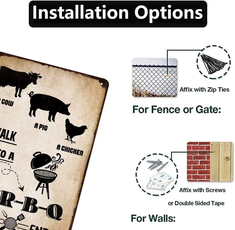 Винтажная корова свинка курица пройдет в барбекю конец металлический жестяной