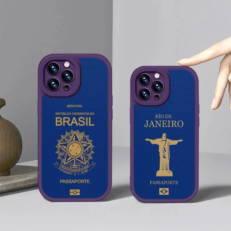 

Brazil Passport Phone Case Purple For IPhone 14 11 13 12 Pro Max Mini Xs X Xr 7 8 Plus SE2020 Leather Silicone Texture Coque