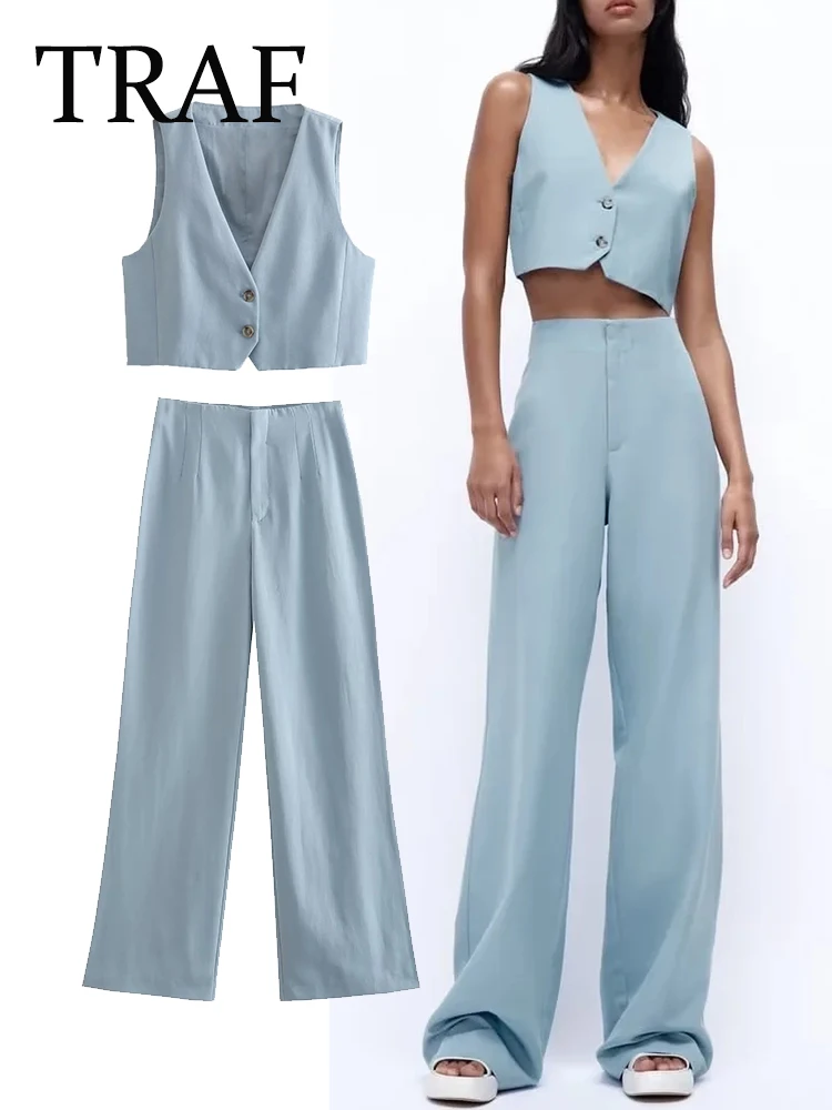 

Летний женский комплект из двух предметов, укороченный топ с высокой талией и широкие брюки