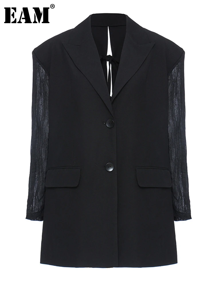 

[EAM] Women Black Pleated Split Big Size Blazer New Lapel Long Sleeve Loose Fit Jacket Fashion Tide Spring Autumn 2022 1Y053