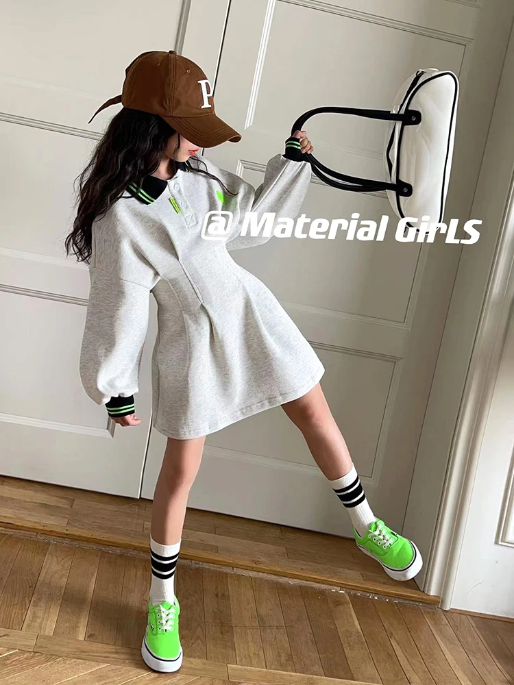 

Girls Sweater Skirt 2022 Spring New Casual Sports Lapel Design Contrast Color Dress Trend