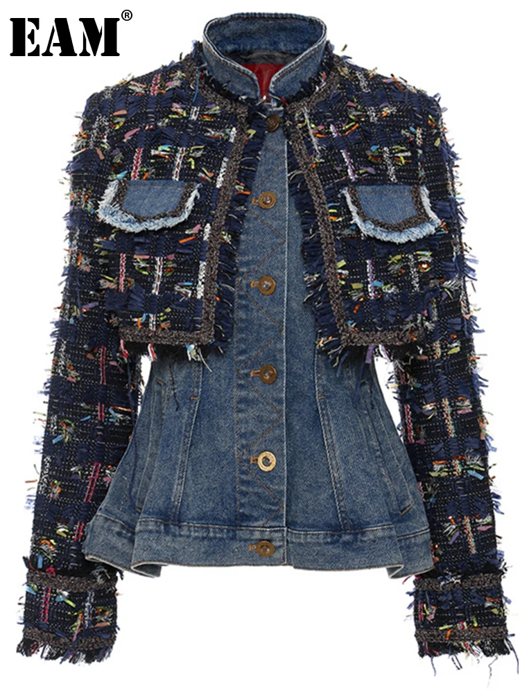 [EAM] Свободная черная джинсовая твидовая куртка большого размера Новое Женское