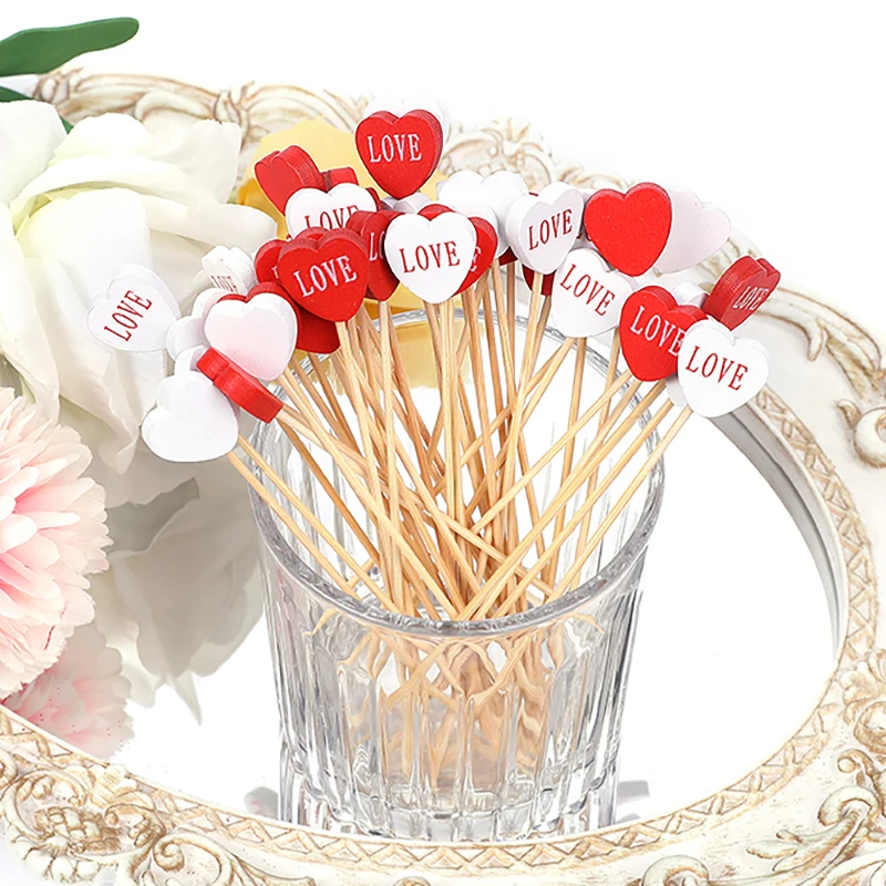 100 шт. фруктовые палочки с красным сердцем одноразовая бамбуковая палочка
