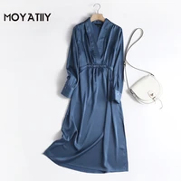 moyatiiy 2022 fashion women satin shirt dress vintage navy blue office ladies midi dresses long sleeve female vestidos