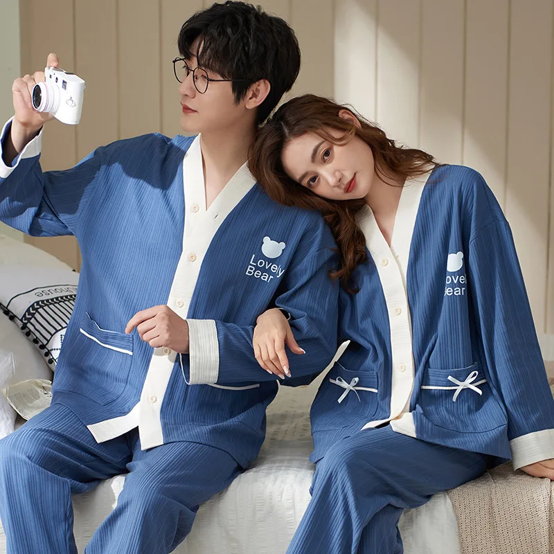 Couples Kimono Sleepwear Mens Cotton Pajamas Set Women Autumn Nightwear Man Home Suit Long Sleeves Sleeping Tops Free Shipping