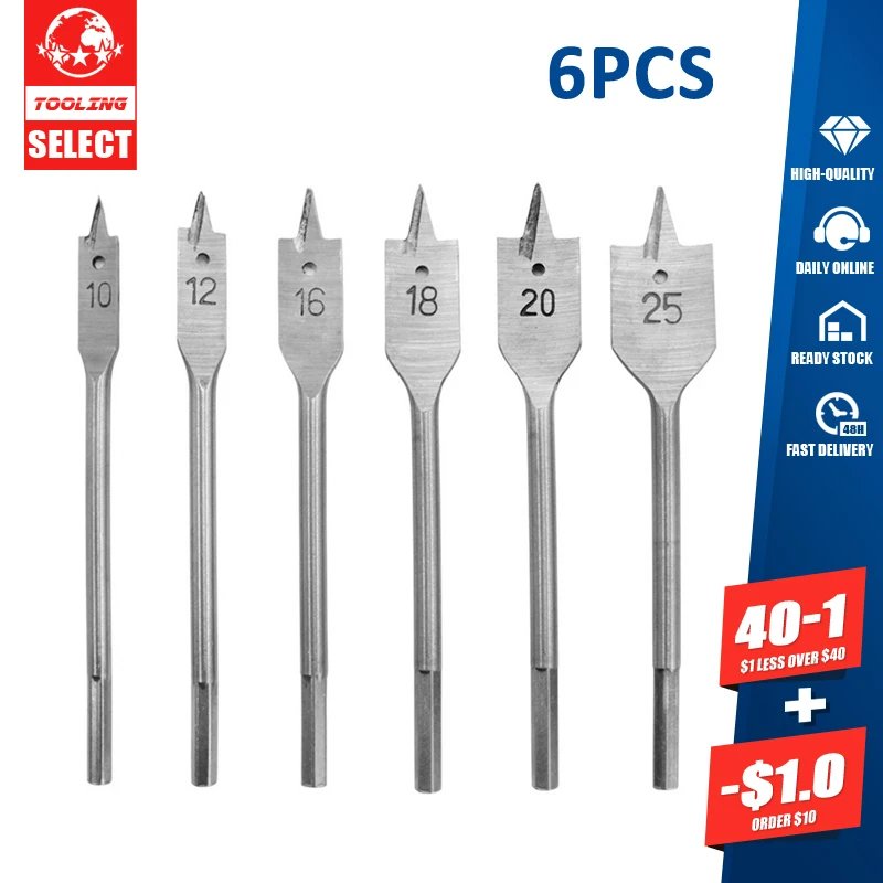 

6pcs HSS Flat Drill Set Woodworking Spade Drill Bits Durable Tool Hex Handle Wood Plate Hole Opener Electric Drill Accessories